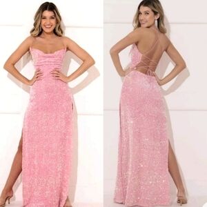 Lucy In The Sky Lissy Pink Velvet Sequin Side Slit Maxi Dress XS Glam Evening